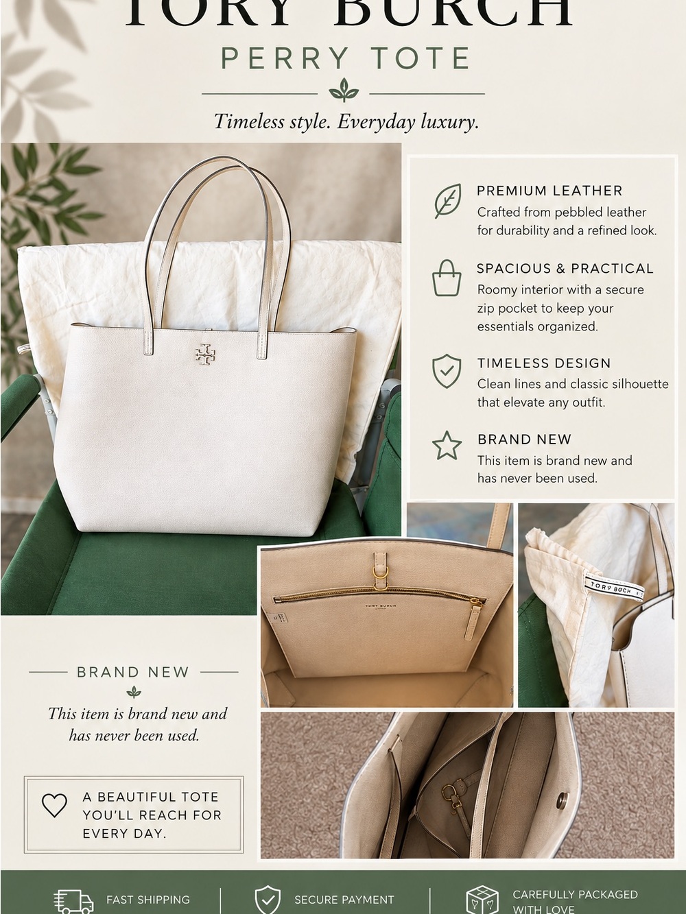 Tory Burch Cream Pebbled Leather Perry Tote